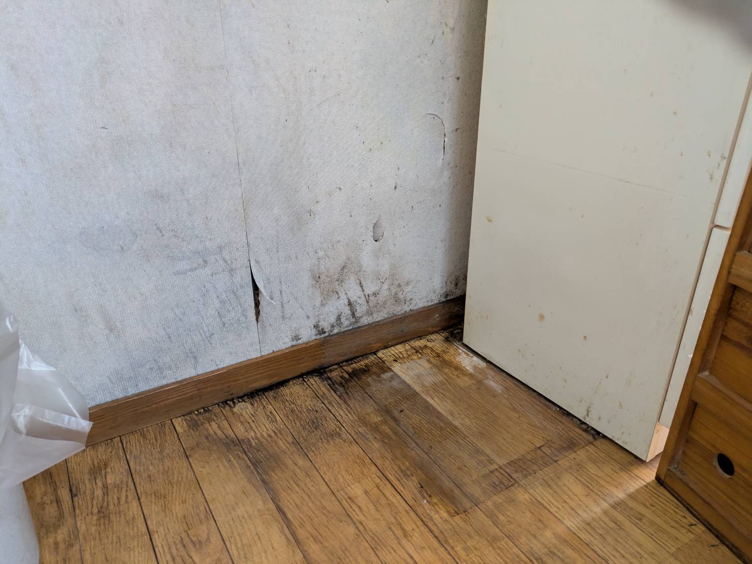漏水でぶかぶかになった床と壁