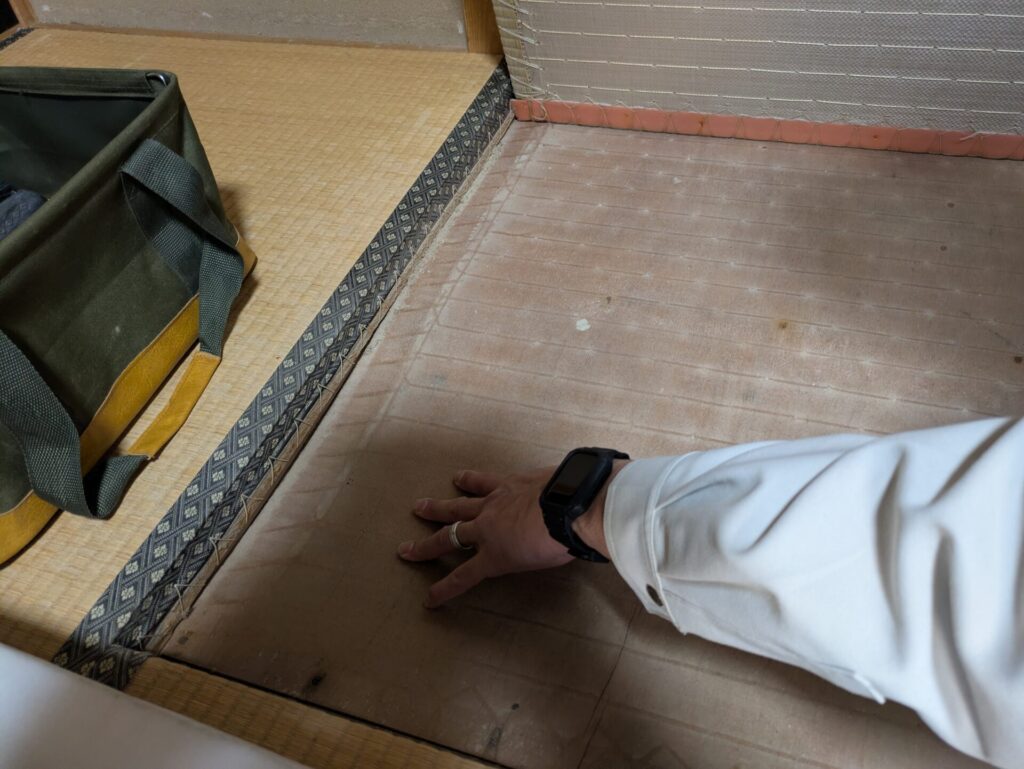白カビが見られる畳下の下地合板