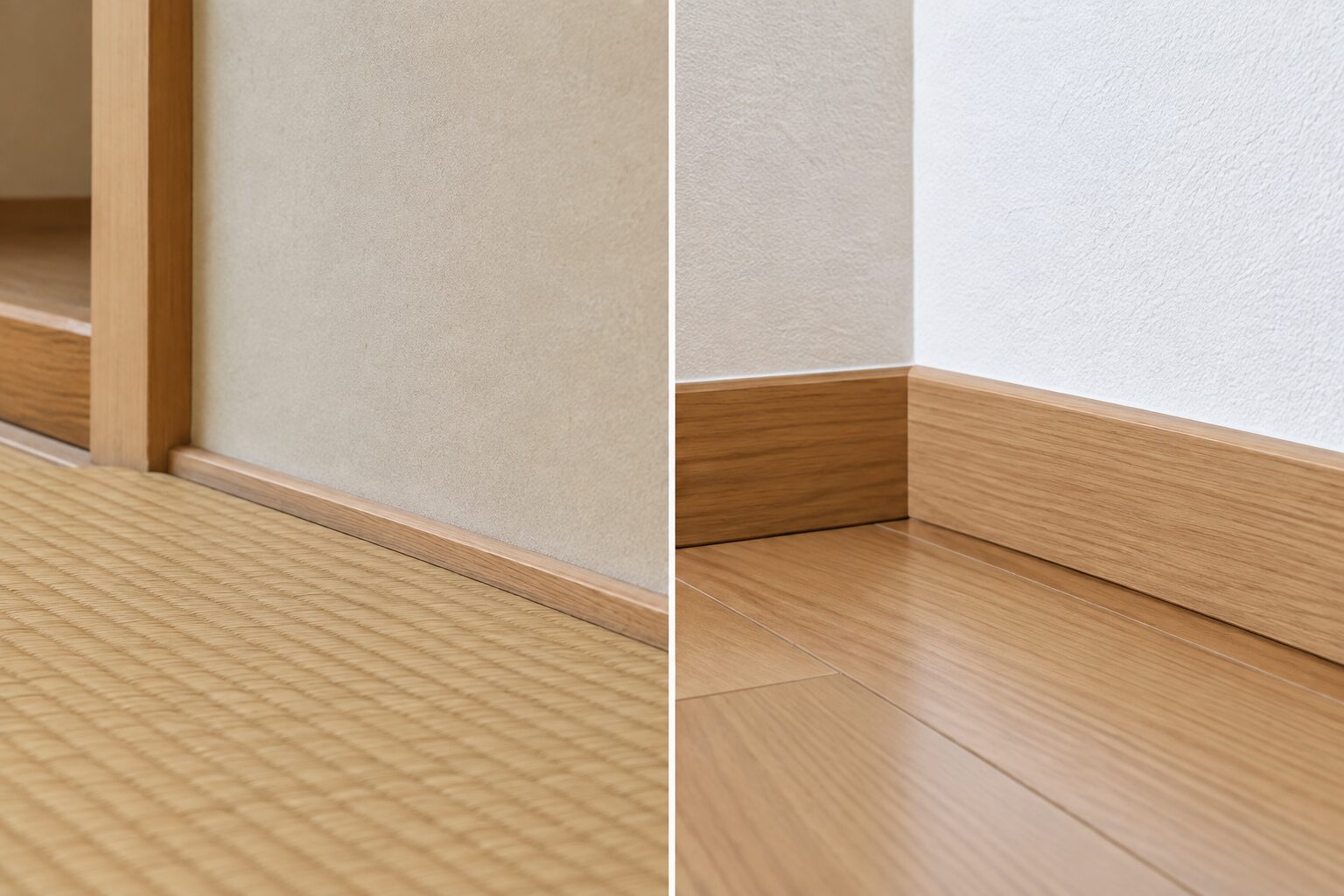 雑巾摺りと巾木の高さや納まりを比較した室内画像